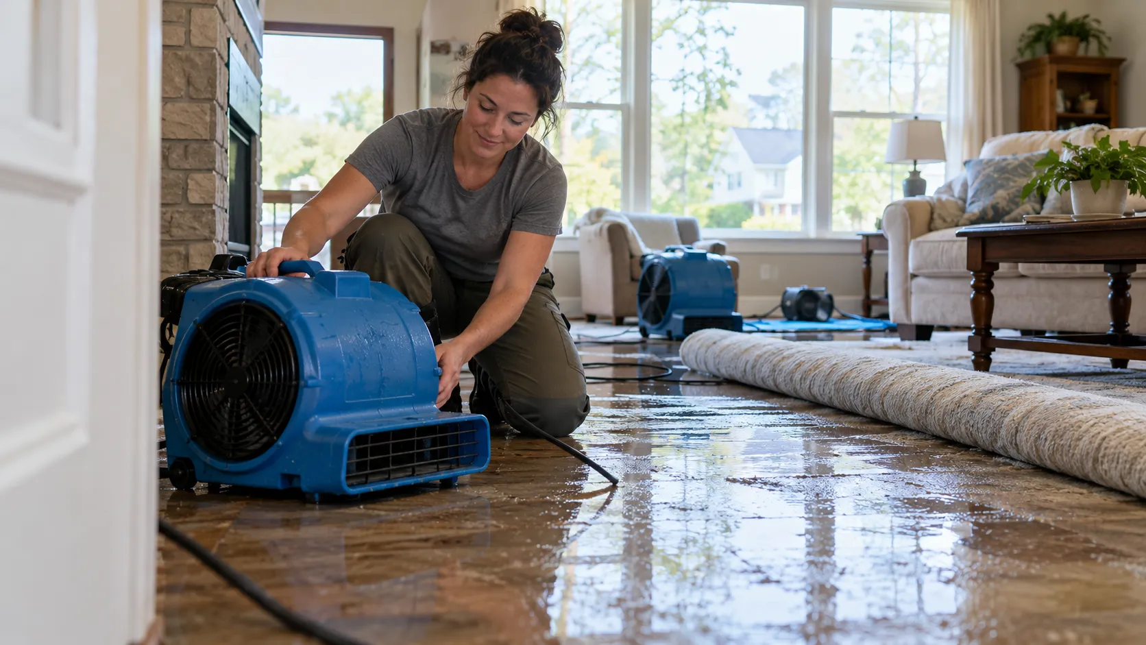 Water damage restoration technician drying a flooded living room in Tucson